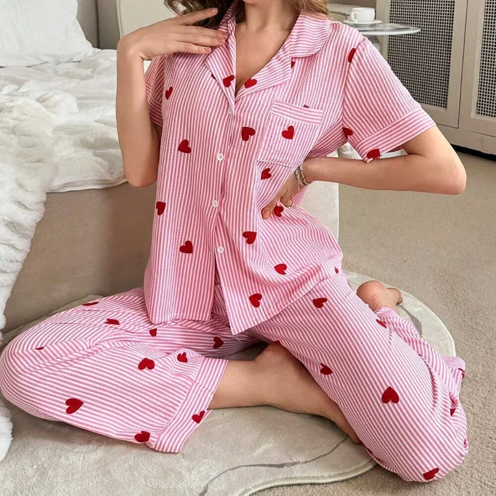 Pink Romantic Women's Valentine's Day Stripe & Heart Print Lapel Pajamas